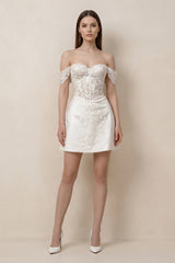 Lace Sheath A - Line Off - the - Shoulder Mini Wedding Dress in White - KISS BRIDAL Wedding Dresses