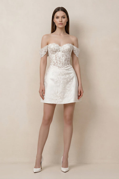 Lace Sheath A - Line Off - the - Shoulder Mini Wedding Dress in White - SHE IS ME Wedding Dresses