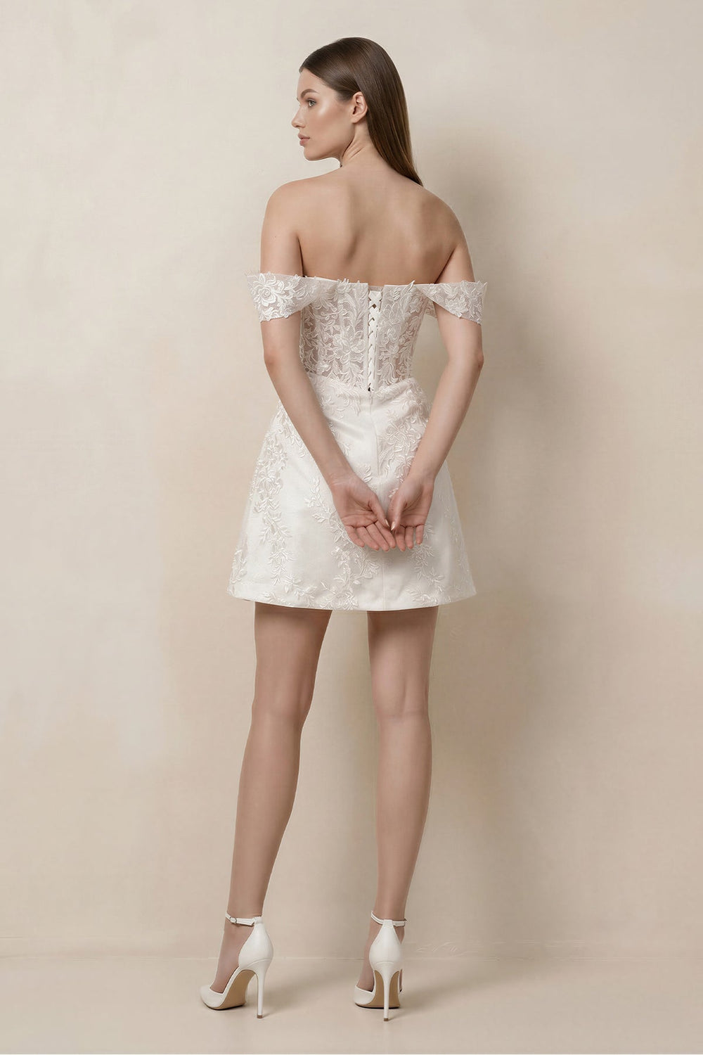 Lace Sheath A - Line Off - the - Shoulder Mini Wedding Dress in White - KISS BRIDAL Wedding Dresses