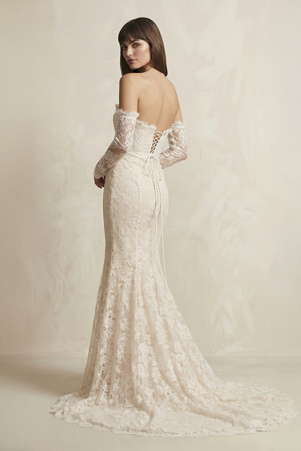 Lace Strapless Long Sleeve Mermaid Wedding Dress in Ivory - SHE IS ME Wedding Dresses