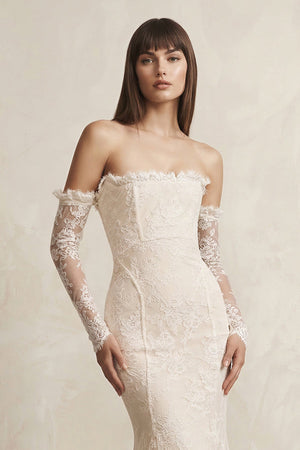 Lace Strapless Long Sleeve Mermaid Wedding Dress in Ivory - SHE IS ME Wedding Dresses