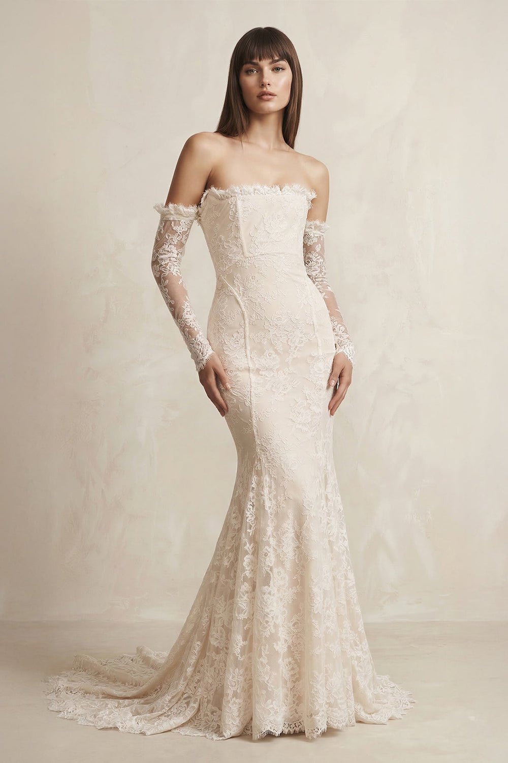 Lace Strapless Long Sleeve Mermaid Wedding Dress in Ivory - SHE IS ME Wedding Dresses