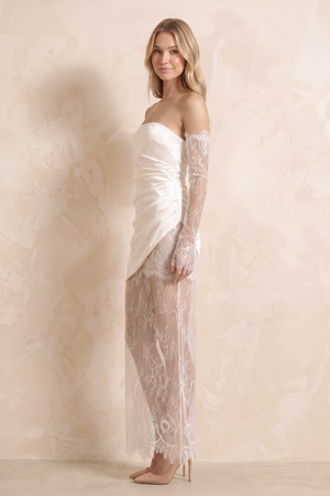 Lace Strapless Satin Ruched Mini Wedding Dress in White (3) | KISSBRIDAL