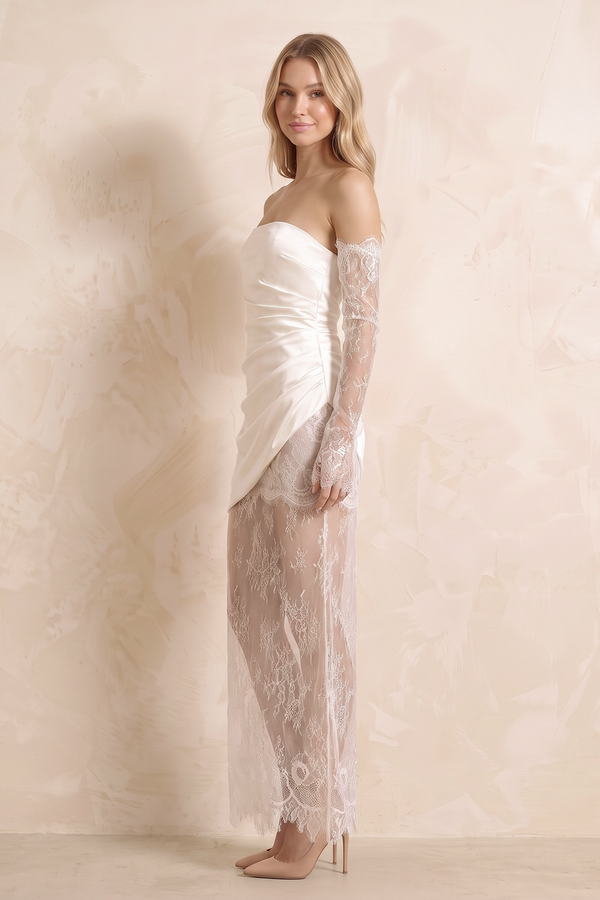 Lace Strapless Satin Ruched Mini Wedding Dress in White (3) | KISSBRIDAL