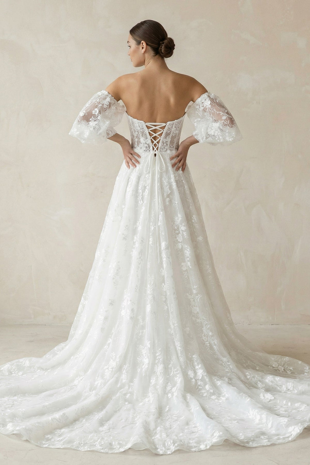 Lace Sweetheart A - Line Corset Wedding Dress With Sleeves in White - KISS BRIDAL Wedding Dresses