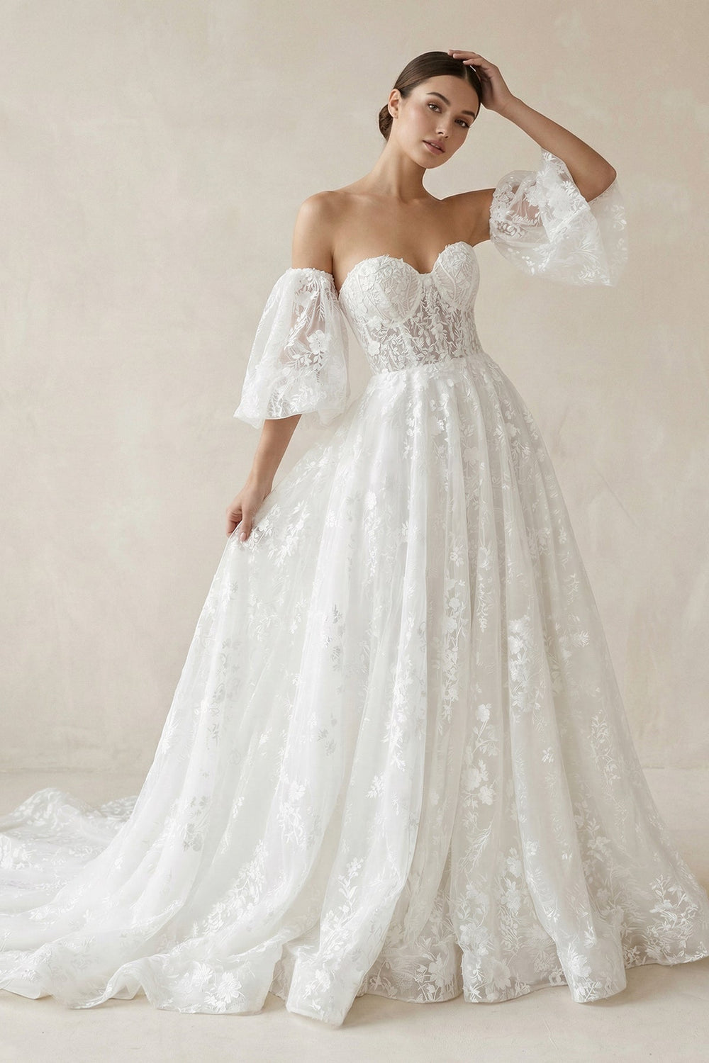 Lace Sweetheart A - Line Corset Wedding Dress With Sleeves in White - KISS BRIDAL Wedding Dresses