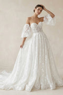 Lace Sweetheart A - Line Corset Wedding Dress With Sleeves in White - SHE IS ME Wedding Dresses
