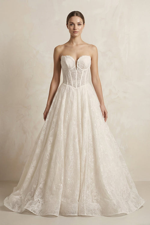 Lace Sweetheart Corset A - Line Wedding Dress in Ivory - SHE IS ME Wedding Dresses