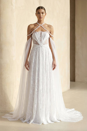 Lace Tulle A - Line Off - the - Shoulder Wedding Dress in Ivory - SHE IS ME Wedding Dresses