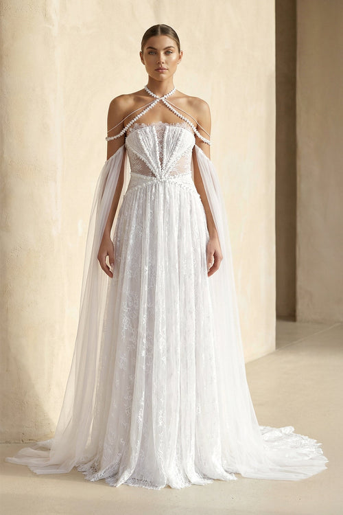 Lace Tulle A - Line Off - the - Shoulder Wedding Dress in Ivory - SHE IS ME Wedding Dresses