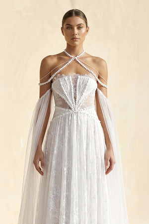 Lace Tulle A - Line Off - the - Shoulder Wedding Dress in Ivory - SHE IS ME Wedding Dresses