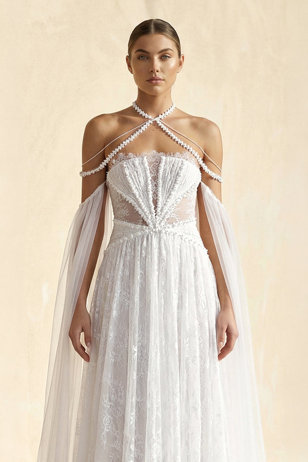 Lace Tulle A - Line Off - the - Shoulder Wedding Dress in Ivory - SHE IS ME Wedding Dresses