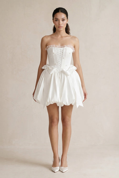 Lace - up Strapless Taffeta A - Line Wedding Dress With Bow in Ivory - SHE IS ME Wedding Dresses