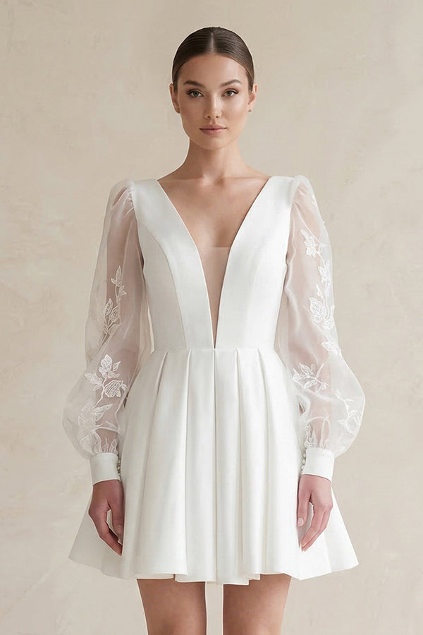 Lace V - Neck A - Line Satin Wedding Dress With Long Sleeves in White - SHE IS ME Wedding Dresses