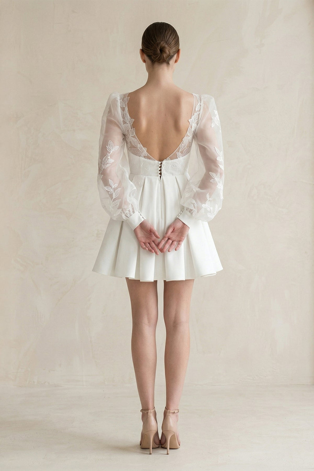 Lace V - Neck A - Line Satin Wedding Dress With Long Sleeves in White - SHE IS ME Wedding Dresses