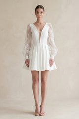 Lace V - Neck A - Line Satin Wedding Dress With Long Sleeves in White - KISS BRIDAL Wedding Dresses