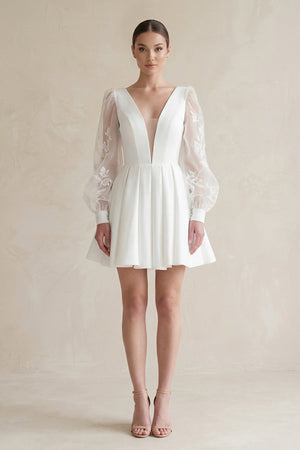 Lace V - Neck A - Line Satin Wedding Dress With Long Sleeves in White - SHE IS ME Wedding Dresses
