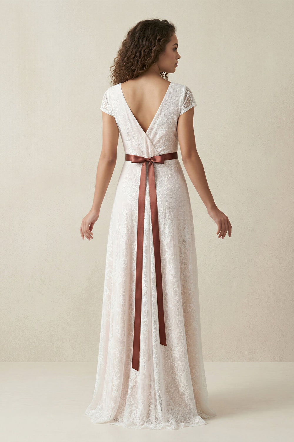 Lace V - Neck A - Line Short Sleeve Wedding Dress With Belt in Ivory - KISS BRIDAL Wedding Dresses
