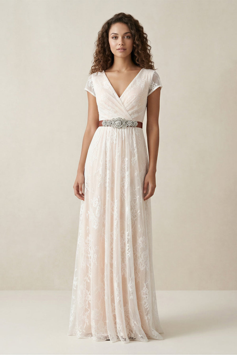 Lace V - Neck A - Line Short Sleeve Wedding Dress With Belt in Ivory - KISS BRIDAL Wedding Dresses