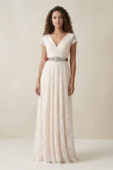 Lace V - Neck A - Line Short Sleeve Wedding Dress With Belt in Ivory - KISS BRIDAL Wedding Dresses