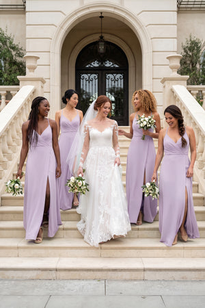Lavender A-Line Chiffon Long Bridesmaid Dress With Slit | KISSBRIDAL