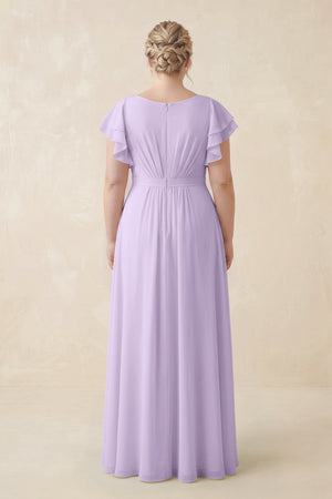 Lavender Cap Sleeve Ruffled A-Line Chiffon Bridesmaid Dress (2) | KISSBRIDAL