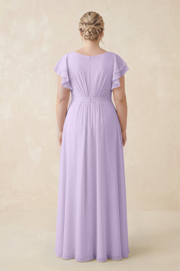 Lavender Cap Sleeve Ruffled A-Line Chiffon Bridesmaid Dress (2) | KISSBRIDAL