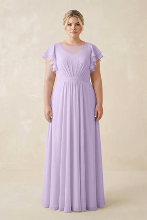 Lavender Cap Sleeve Ruffled A-Line Chiffon Bridesmaid Dress | KISSBRIDAL