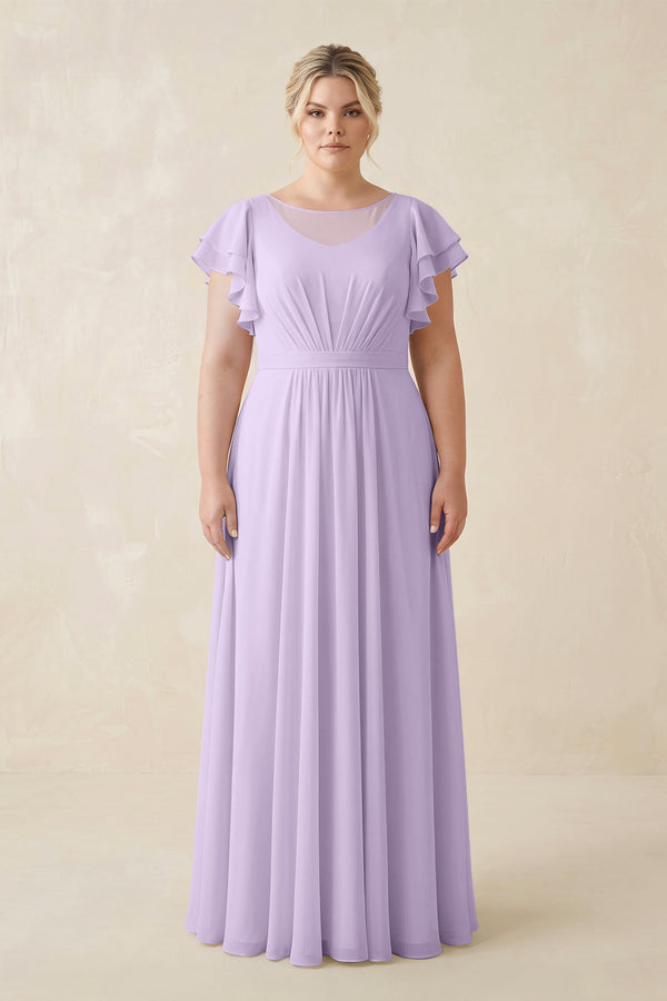 Lavender Cap Sleeve Ruffled A-Line Chiffon Bridesmaid Dress | KISSBRIDAL