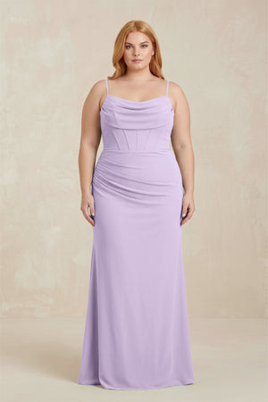 Lavender Cowl Neck Sheath Chiffon Bridesmaid Dress with Corset [sizeplus]  | KISSBRIDAL