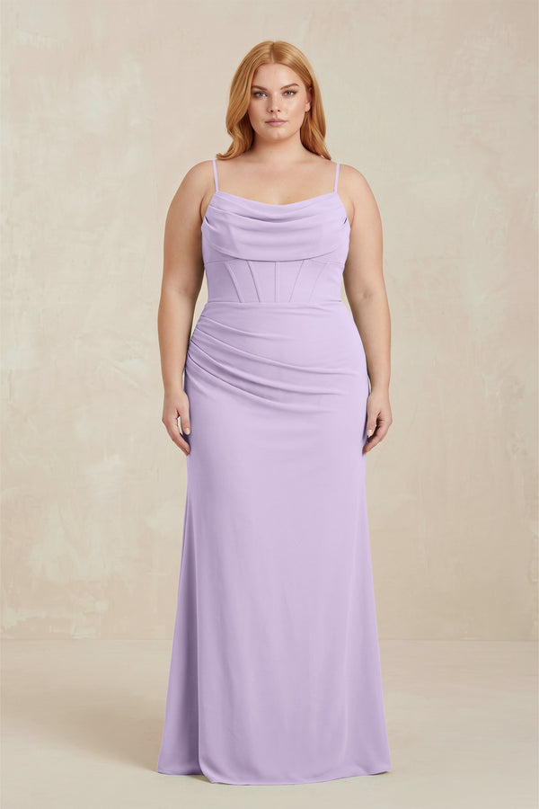 Lavender Cowl Neck Sheath Chiffon Bridesmaid Dress with Corset [sizeplus]  | KISSBRIDAL