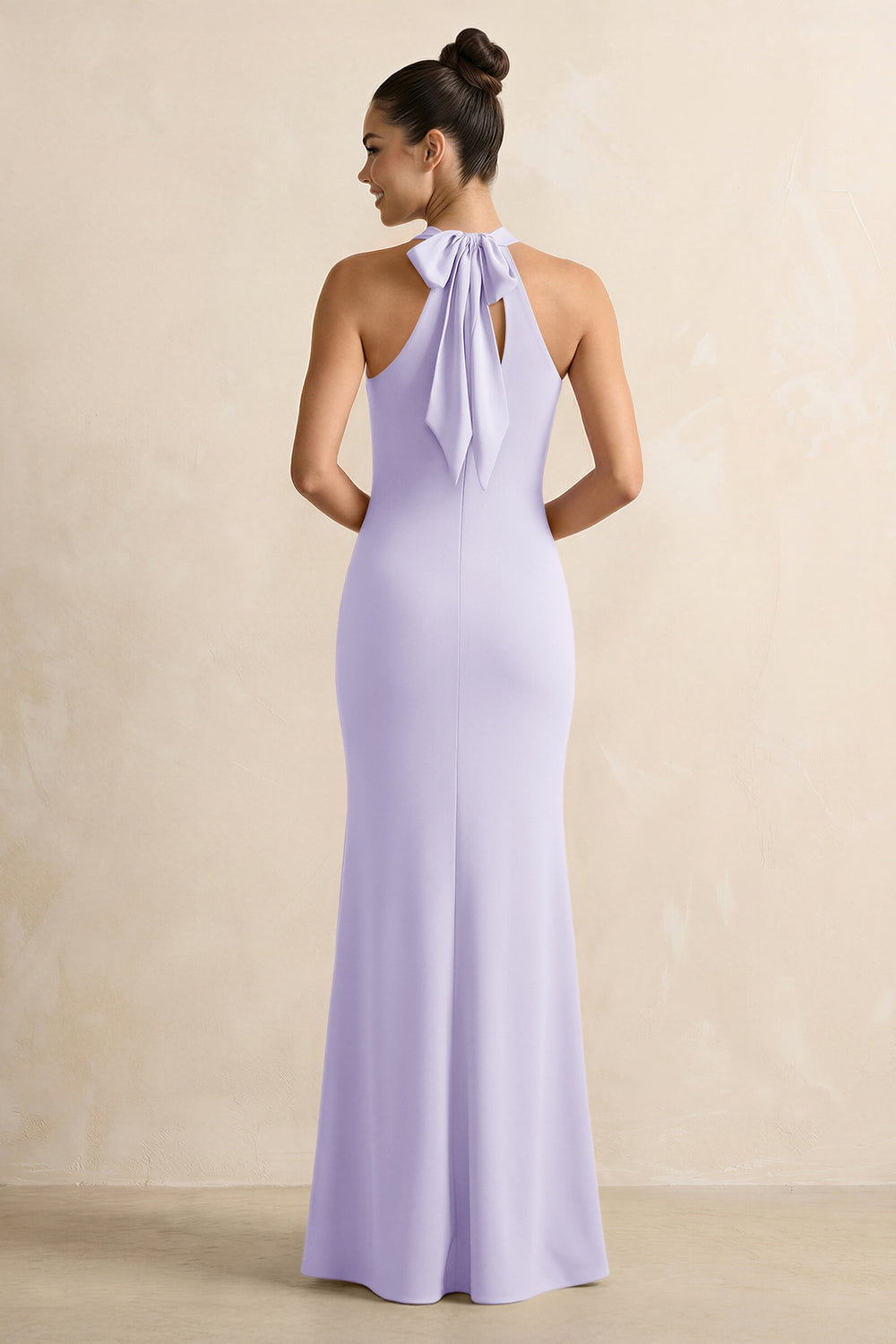 Crisscross Halter Sheath Satin Bridesmaid Dress with Bow in Lavender