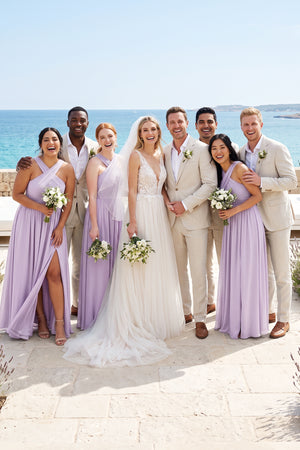 Lavender Cross Halter Neck Chiffon A-Line Bridesmaid Dress With Slit | KISSBRIDAL