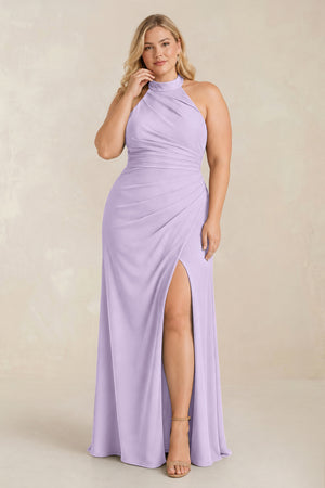 Lavender High Neck Chiffon Sheath Ruched Bridesmaid Dress [sizeplus] | KISSBRIDAL