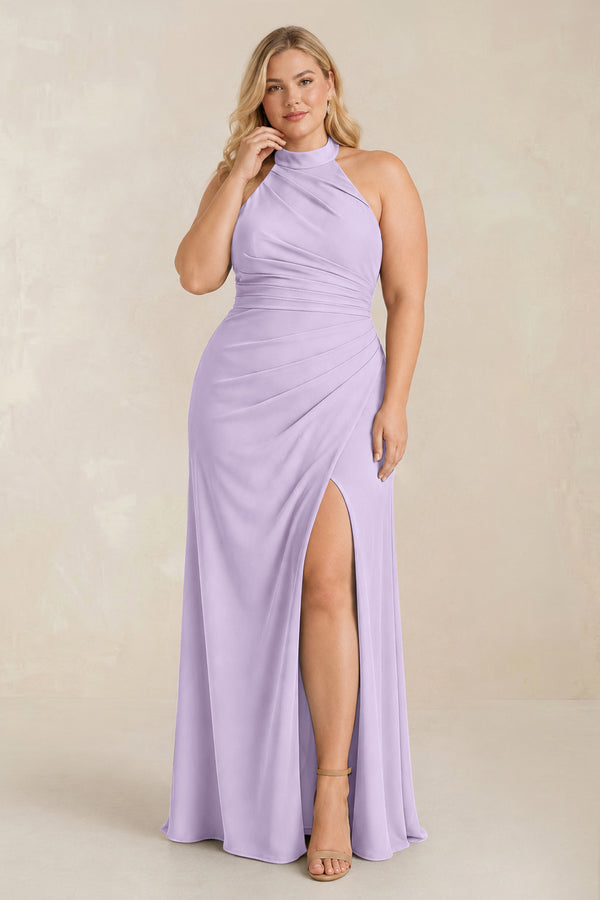 Lavender High Neck Chiffon Sheath Ruched Bridesmaid Dress [sizeplus] | KISSBRIDAL