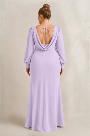 Lavender Long Sleeve V-Neck Sheath Chiffon Bridesmaid Dress (2) [sizeplus] | KISSBRIDAL
