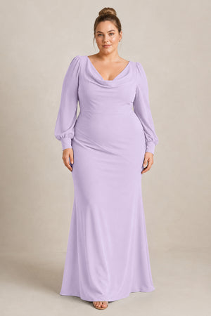 Lavender Long Sleeve V-Neck Sheath Chiffon Bridesmaid Dress [sizeplus] | KISSBRIDAL