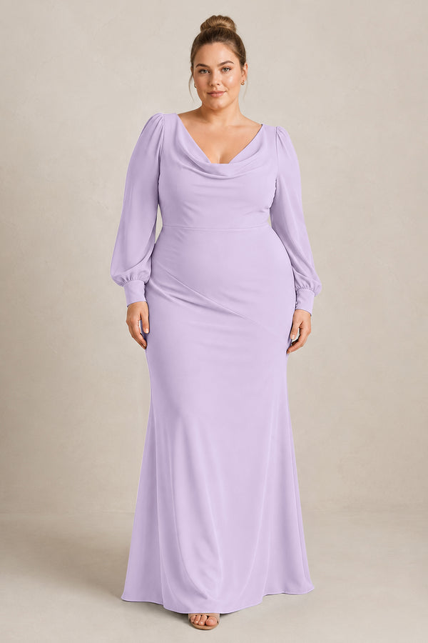 Lavender Long Sleeve V-Neck Sheath Chiffon Bridesmaid Dress [sizeplus] | KISSBRIDAL