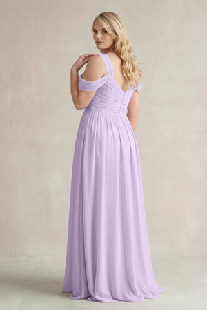 Lavender Off-the-Shoulder A-Line Chiffon Bridesmaid Dress With Slit (2) | KISSBRIDAL