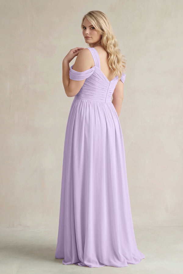 Lavender Off-the-Shoulder A-Line Chiffon Bridesmaid Dress With Slit (2) | KISSBRIDAL