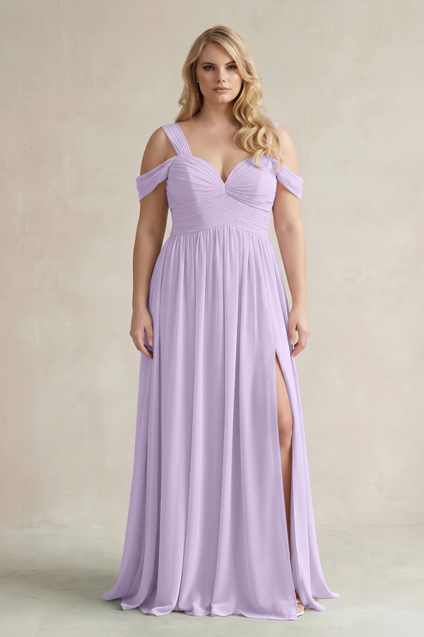 Lavender Off-the-Shoulder A-Line Chiffon Bridesmaid Dress With Slit | KISSBRIDAL