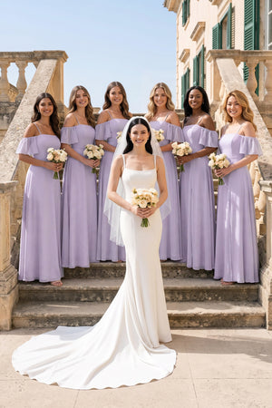 Lavender Off-the-Shoulder A-Line Chiffon Bridesmaid Dress | KISSBRIDAL