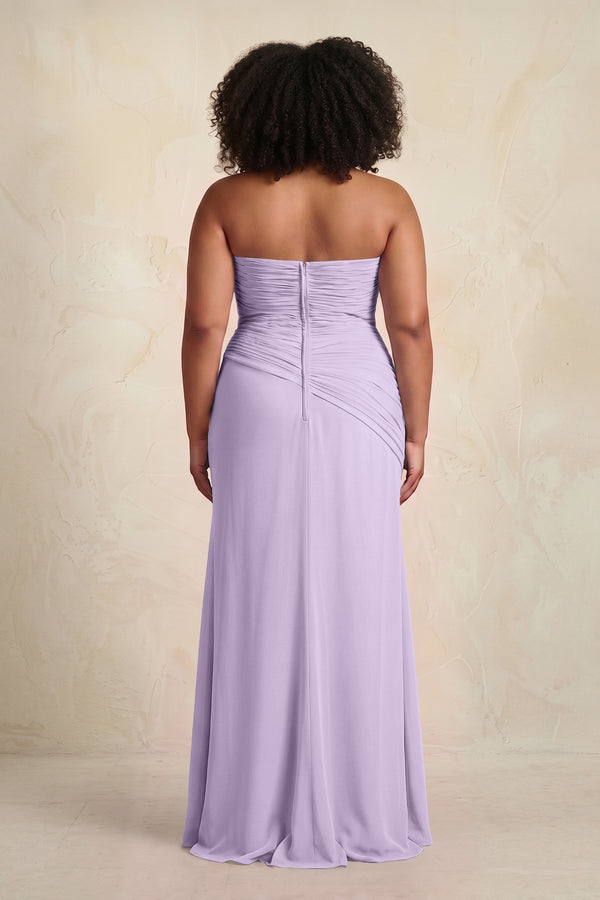 Lavender Sheath Chiffon Strapless Pleated Bridesmaid Dress (2) | KISSBRIDAL[sizeplus]