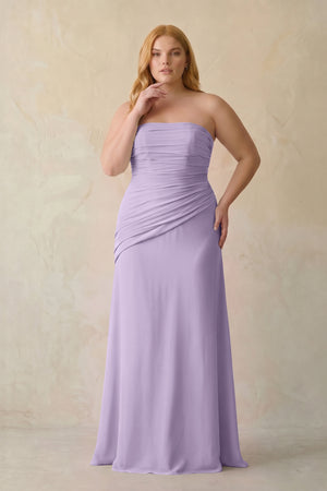Lavender Sheath Chiffon Strapless Pleated Bridesmaid Dress (3) | KISSBRIDAL[sizeplus]