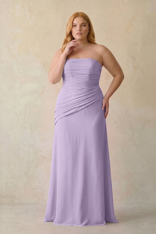 Lavender Sheath Chiffon Strapless Pleated Bridesmaid Dress (3) | KISSBRIDAL[sizeplus]
