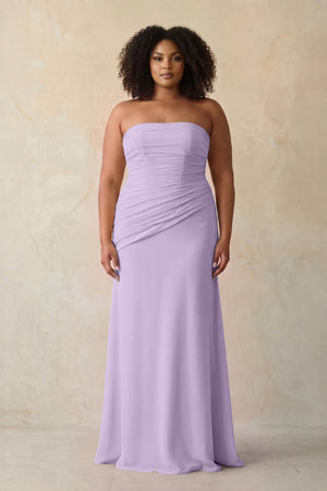 Lavender Sheath Chiffon Strapless Pleated Bridesmaid Dress | KISSBRIDAL[sizeplus]