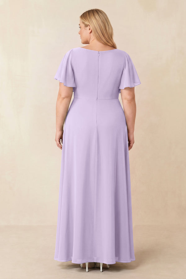 Lavender Short Sleeves Bateau A-Line Chiffon Bridesmaid Dress (2) [sizeplus] | KISSBRIDAL