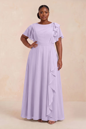 Lavender Short Sleeves Bateau A-Line Chiffon Bridesmaid Dress (3) [sizeplus] | KISSBRIDAL