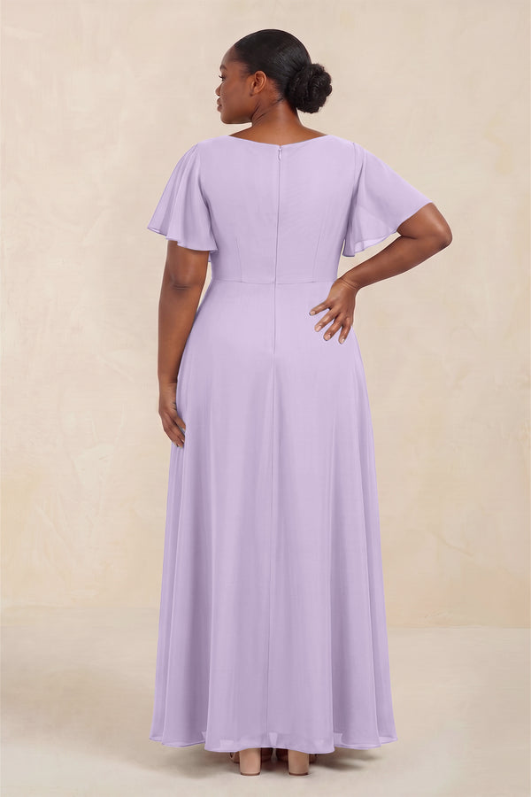 Lavender Short Sleeves Bateau A-Line Chiffon Bridesmaid Dress (4) [sizeplus] | KISSBRIDAL