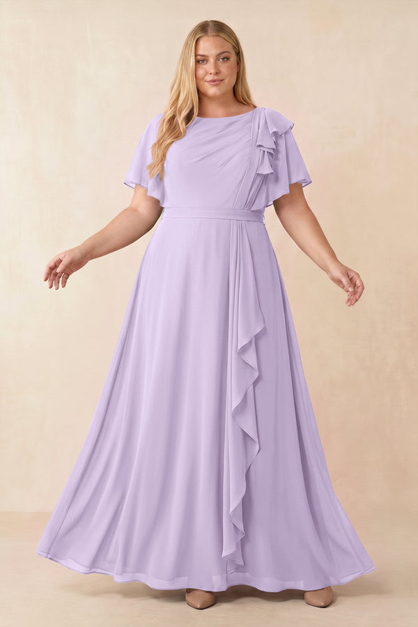 Lavender Short Sleeves Bateau A-Line Chiffon Bridesmaid Dress [sizeplus] | KISSBRIDAL